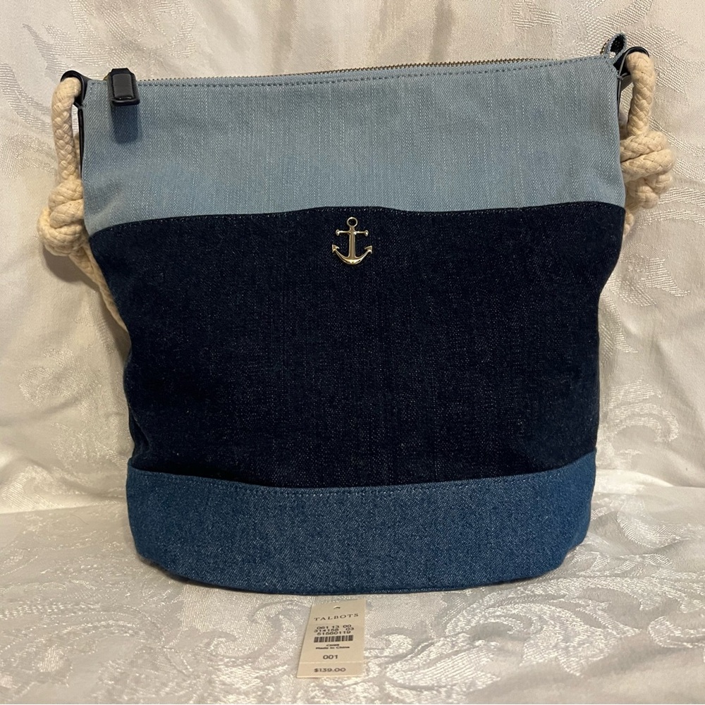 Talbots tri colored denim satchel with gold anchor and nautical rope handles